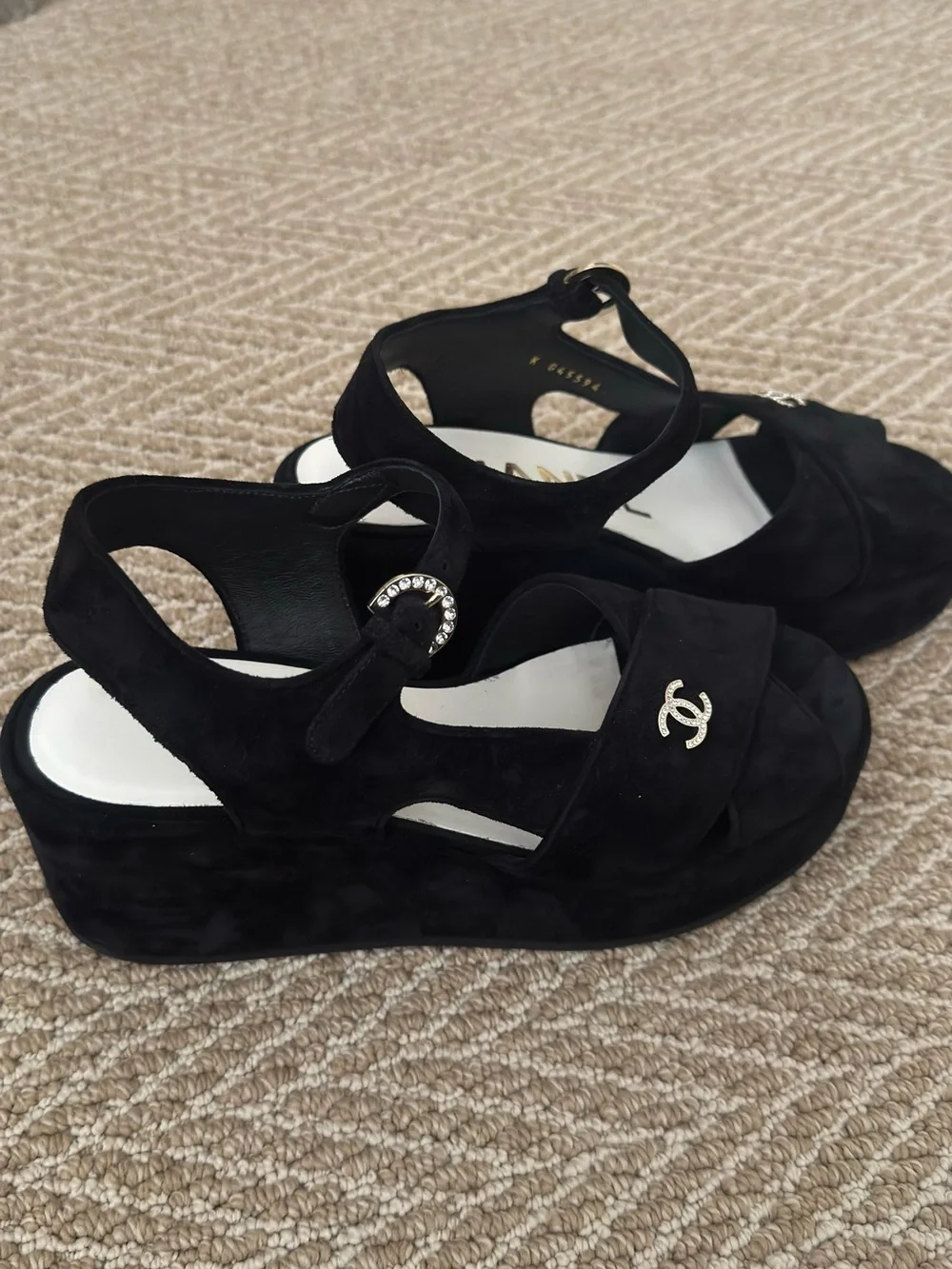 CHANEL Black Suede Slingback platform Sandals with rhinestone CC and Buckle